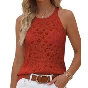 Rust Red Tank Tops Crochet Sleeveless Sweater Vest Boho Shirt Hollow Knit